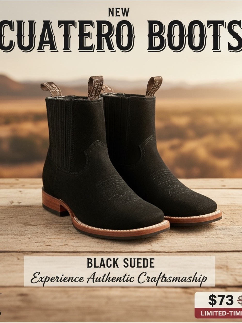 NEW Cuatrero Boots Black Leather Roper Chelsea Square Toe | Size 8 | Handmade